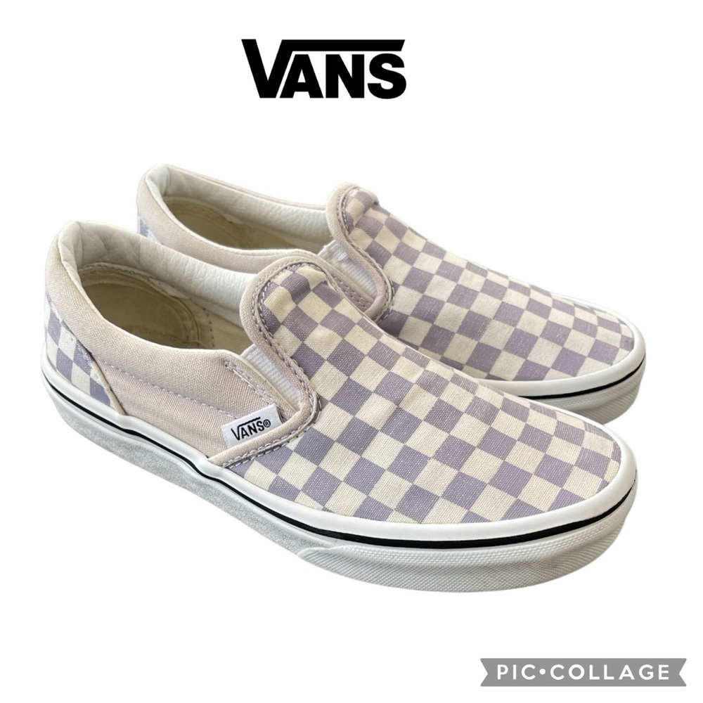 Vans kids light purple white checkered slip on sneakers shoes size 3